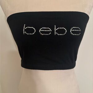 Vintage Y2K Bebe Black Strapless Crop Top with Silver Rhinestone Accents